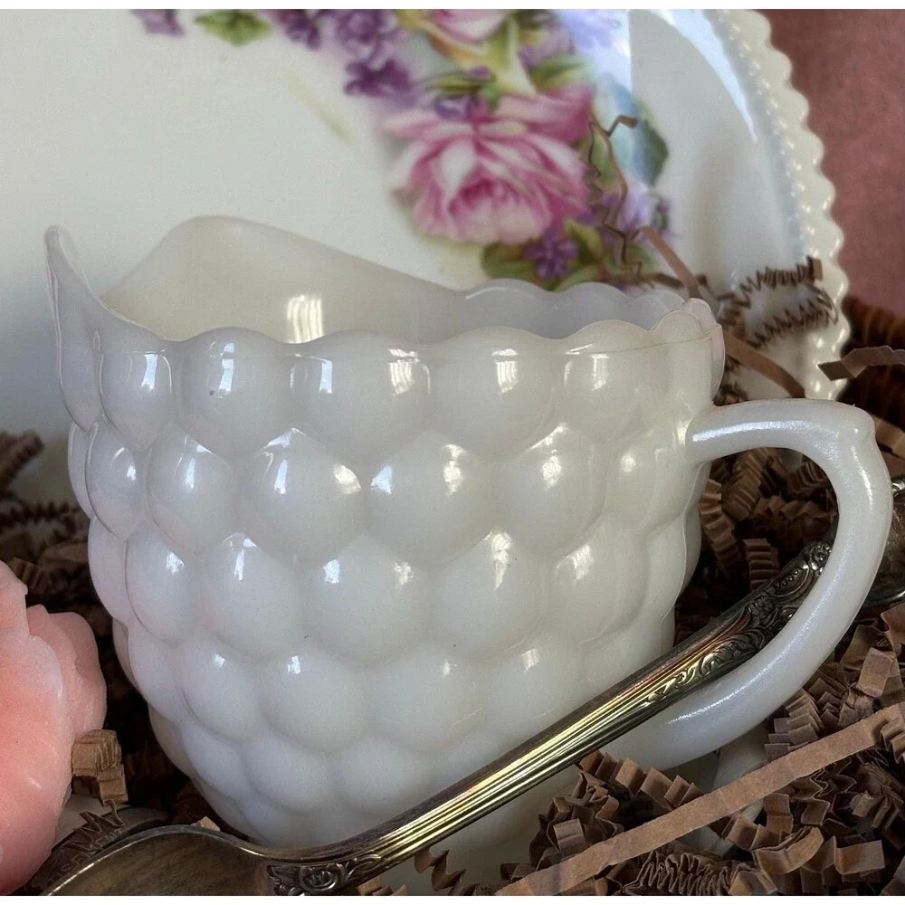 Vintage Milk Glass Creamer Gift Basket – Floral Plate, Pink Rose Candle, Cottage